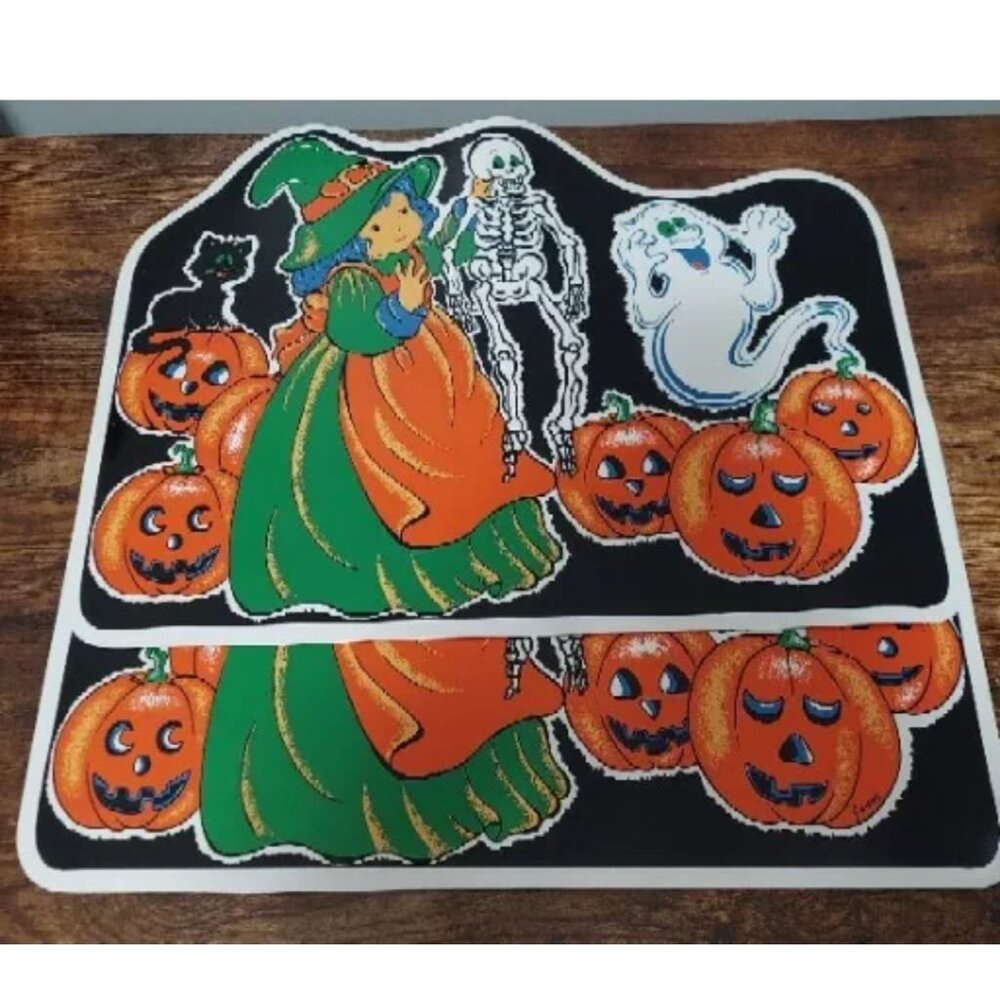 Halloween Decor Placemats Vintage set of 2 Pumpkin Skeleton Witch - Picture 3 of 5